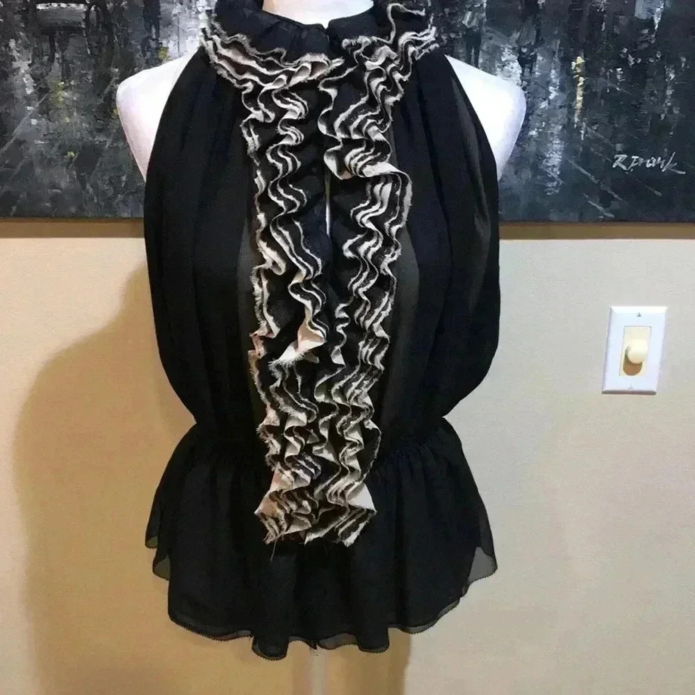 Robert Rodriguez Black Halter Blouse with Cream Ruffle Trim